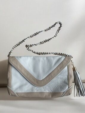 Trina Turk Leather envelope clutch shoulder Bag Chain Strap Tassel cream/Beige
